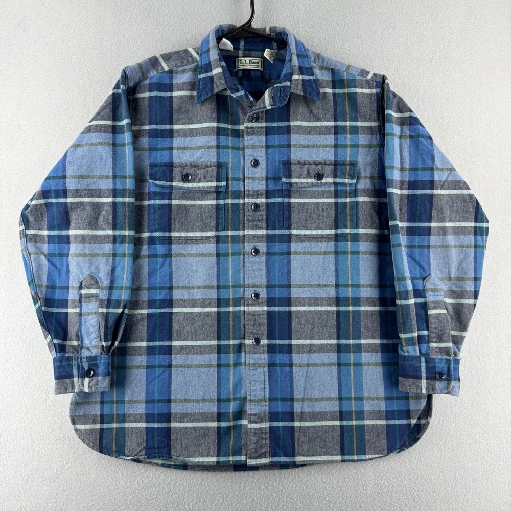 Vintage LL Bean Shirt Mens Large Blue Plaid Chamois Cloth Flannel Button Up